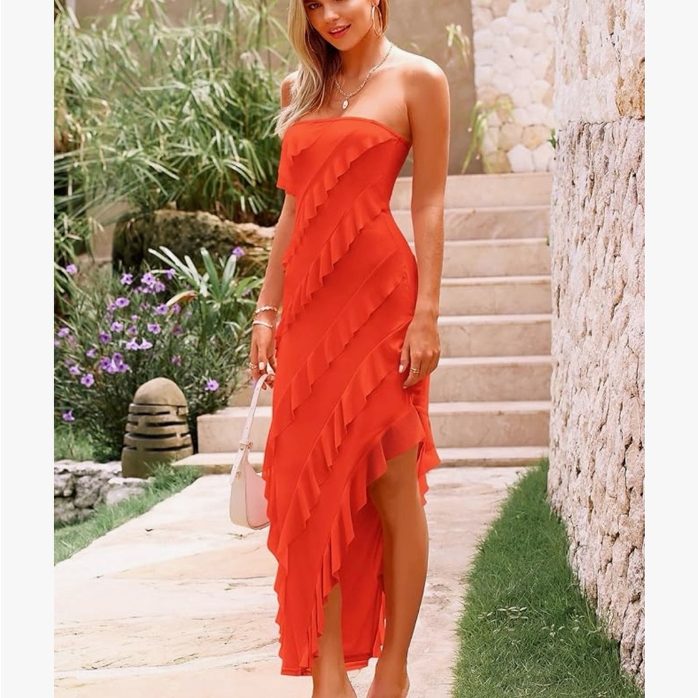 Strapless Ruffled Orange Maxi Dress